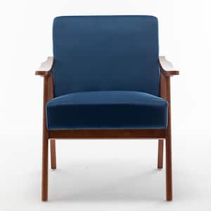 Yofe Comfy Mid-Century Modern Blue Velvet Upholstered Living Room Accent Chair, Wood Frame Arm Chair with Waist Cushion