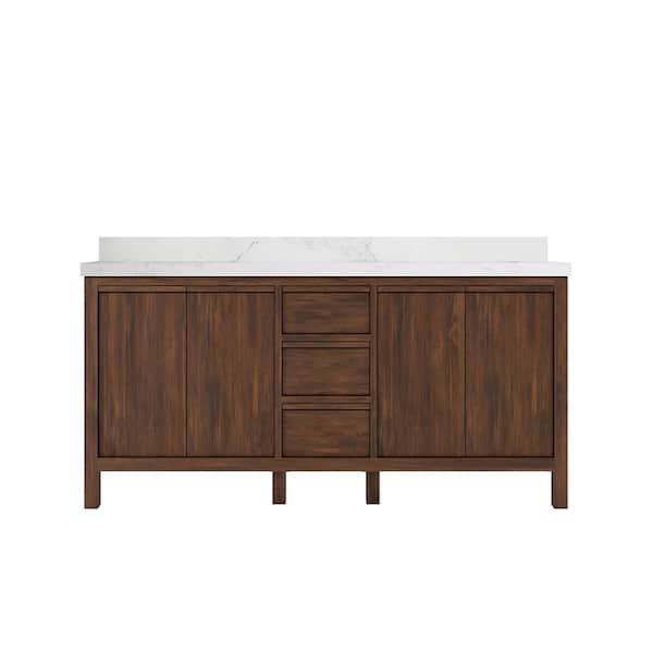 Willow Collections Elizabeth Teak 72 in. W x 22 in. D x 36 in. H Double Sink Bath Vanity in Dark Walnut with 2 in. Calacatta Nuvo Top