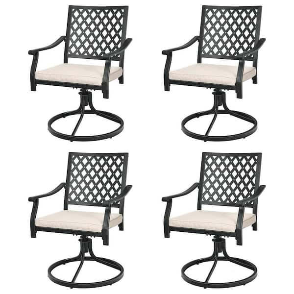 2-Piece Patio 360-Degree Swivel Metal Outdoor Dining Chair Lattice Rocker Armrest with Beige Cushion