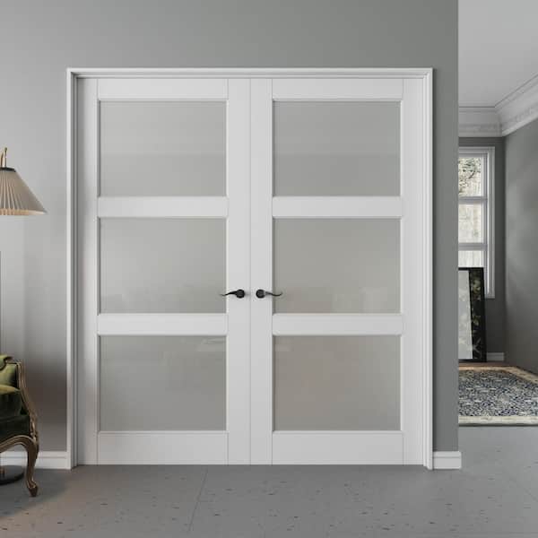 72 in. x 80 in. Universal 3-Lite Frosted Glass White MDF Assembly Required Interior French Door Kit w/Separate Jamb
