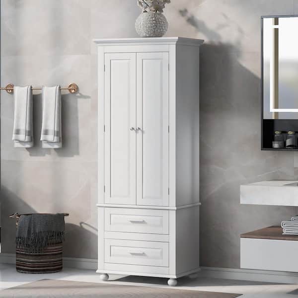 24 in. W x 15.7 in. D x 62.5 in. H White Wood Freestanding Linen Cabinet with 2-Drawers