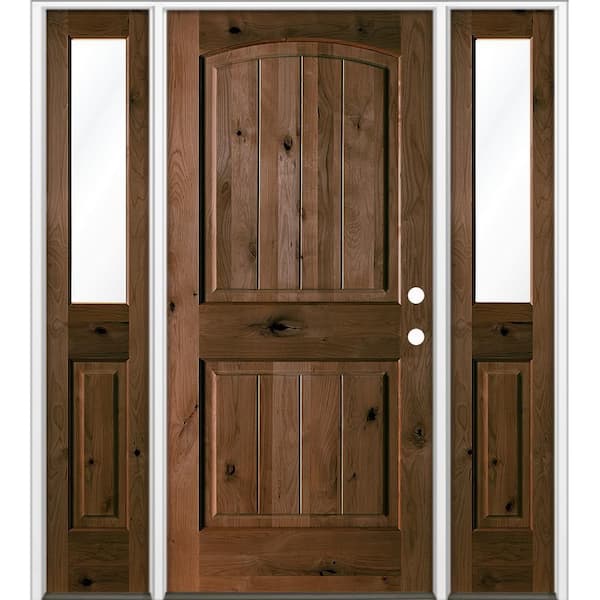 70 in. x 80 in. Knotty Alder Arch Top Left-Hand/Inswing Clear Glass BEHR Espresso Stain Wood Prehung Front Door w/ DHSL