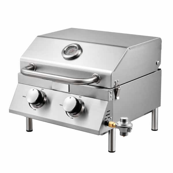 2-Burner 15,000 BTU Portable Propane Tabletop Gas Grill with Thermometer and Locking Lid in Stainless Steel
