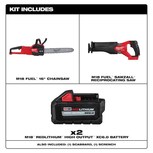M18 FUEL 16 in. 18V Lithium-Ion Brushless Battery Electric Chainsaw w/Reciprocating Saw, Two 6Ah Batteries (2-Tool)