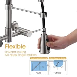 Double Handle Bridge Kitchen Faucet in Brushed Nickel Stainless Steel