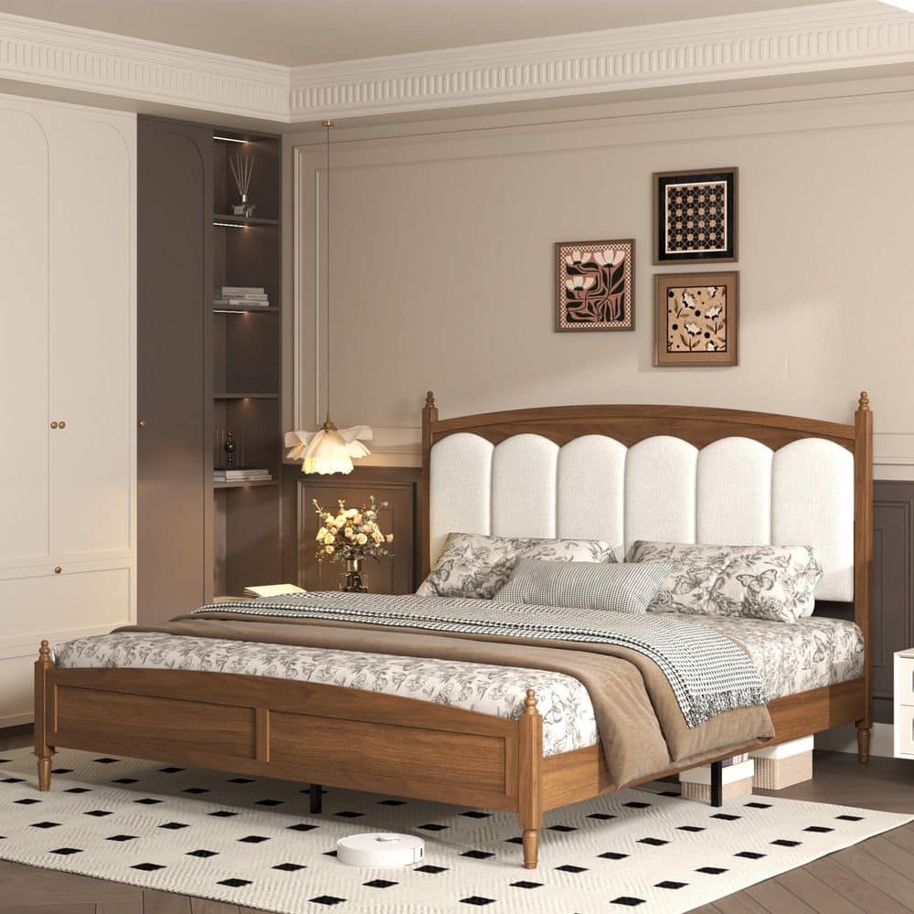 Mid Century Brown Wood and Metal Frame Queen Size Platform Bed with Upholstered Headboard price history on PriceWatchPro