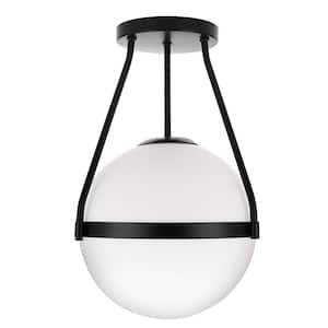 Mid Century Modern 10 in. 1-Light Black Semi-Flush Mount with White Frosted Glass Shade and No Bulb Included (1-Pack)