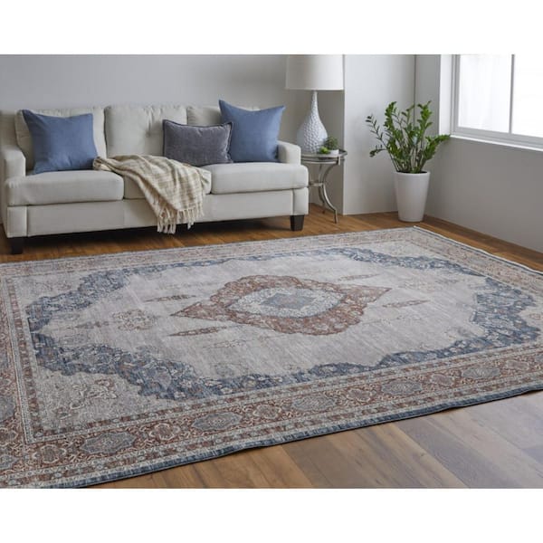 2 ft. x 8 ft. Blue, Gray Floral Area Rug