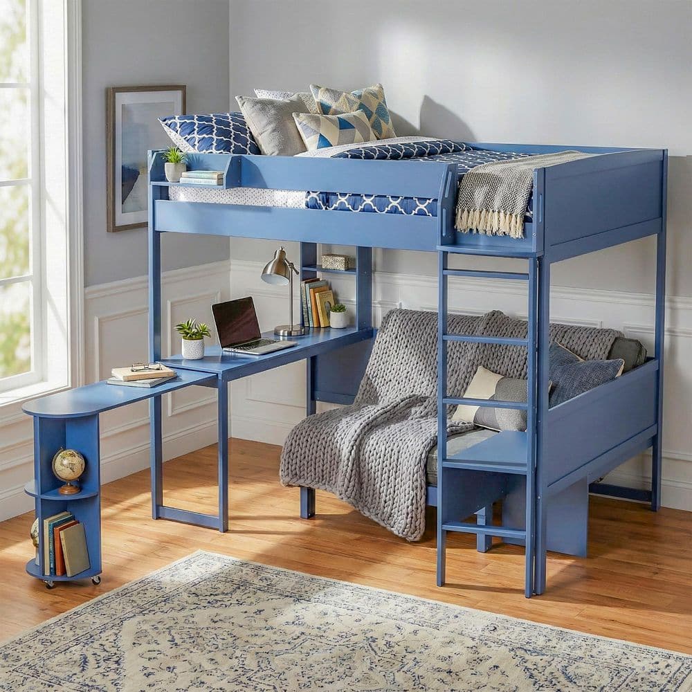 Polibi Navy Blue Full Wood Loft Bed with Desk RS35-97207AAC - The