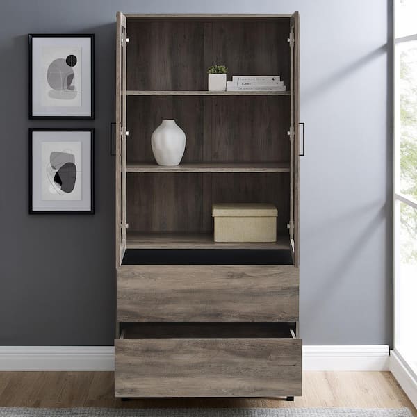 68" Glass Door Storage Hutch - Grey Wash