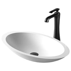 Quattro Matte White Acrylic 23 in. Oval Bathroom Vessel Sink with Faucet and drain in Matte Black