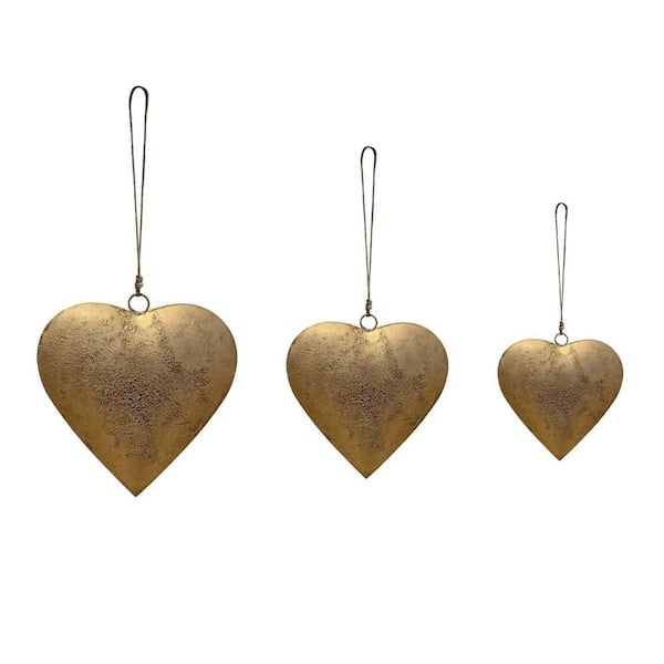 Myri 12 in. x 6 in. Antique Gold Decorative Metal Heart Wall Decor with Jute Hanging Rope (Set of 3)