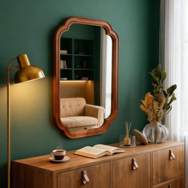 Ami Medium Brown Wood 24 in W x 36 in. H Mid-Century Irregular Wood Framed Decorative Mirror