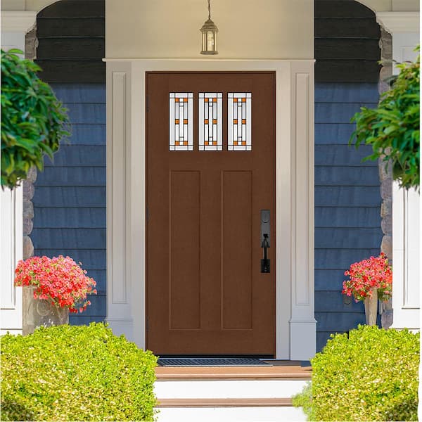 Regency 36 in. x 80 in. Universal Handing 3Lite Amberton Decorative Glass Chestnut Fir Grain Fiberglass Front Door Slab