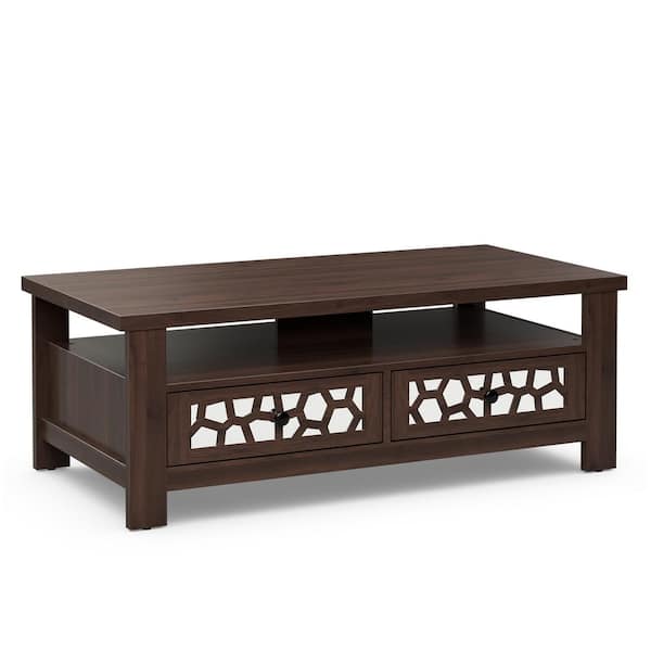 Costway 46 in. Brown Rectangle Wooden Coffee Table with 2-Drawers and Open Shelf Modern Wood Living Room Table