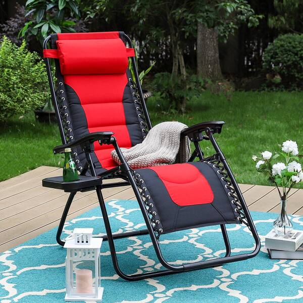 PHI VILLA Black Metal Outdoor Patio Adjustable Recliner Black and Red Padded Folding Zero Gravity Chair with Cup Holder E02GF010100801 The Home Depot