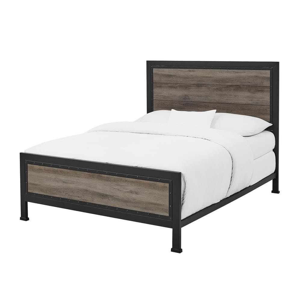 Rustic Industrial Queen Panel Bed with Wood Accents, Grey Wash