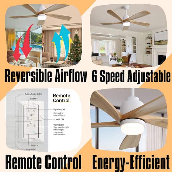 52 in. Brown Ceiling Fan With Dimmable LED Light 5-Solid Wood Blades Smart Remote Control Reversible,Downrod Mount