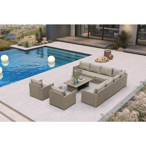10 Pieces Patio Conversation Sets with Coffee Table All Weather Outdoor Couch Sectional Set with Cushion Beige