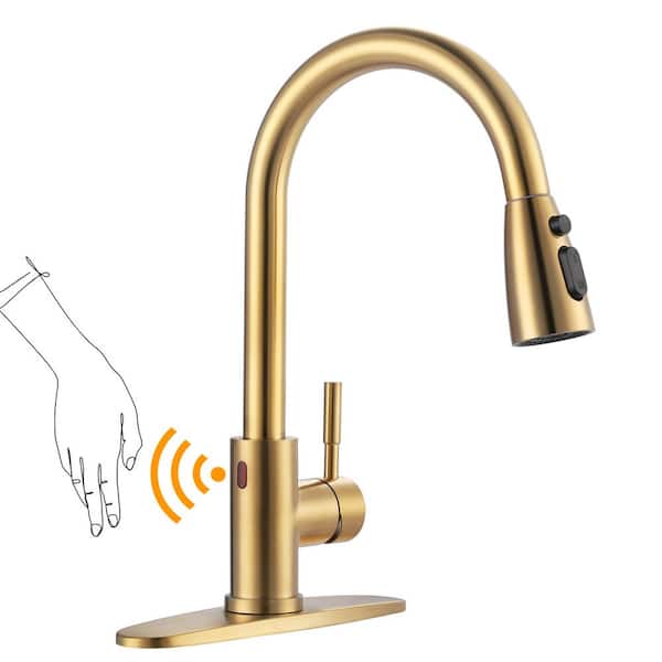 WOWOW Touchless Single-Handle Pull Down Sprayer Kitchen Faucet, Smart Motion Sensor Kitchen Sink Faucet in Gold