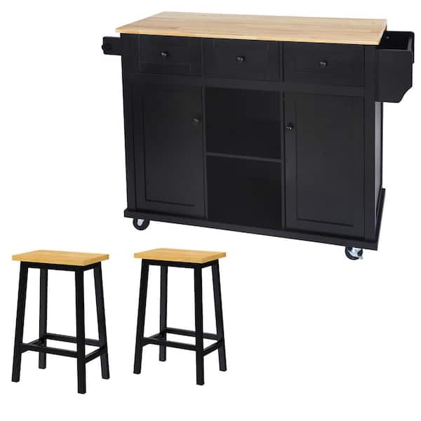 Zeus & Ruta Black Wood 53.1 in. W Kitchen Island Cart with 2-Bar Stools and Drop-Leaf
