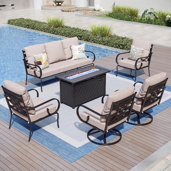 PHI VILLA Black Metal 7 Seat 6-Piece Steel Outdoor Fire Pit Patio Set with Beige Cushions, Black Rectangular Fire Pit Table