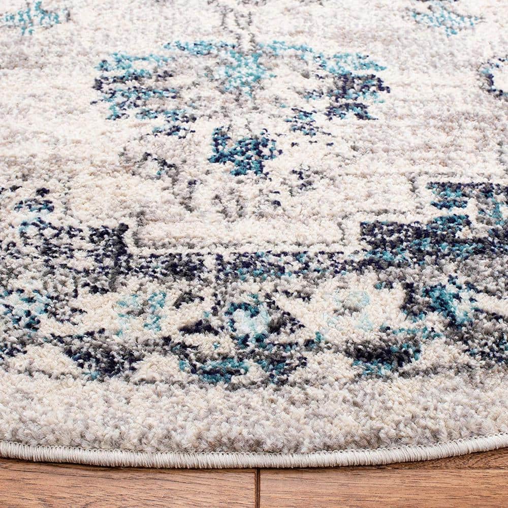 Light Grey and Blue Round Synthetic Reversible Rug