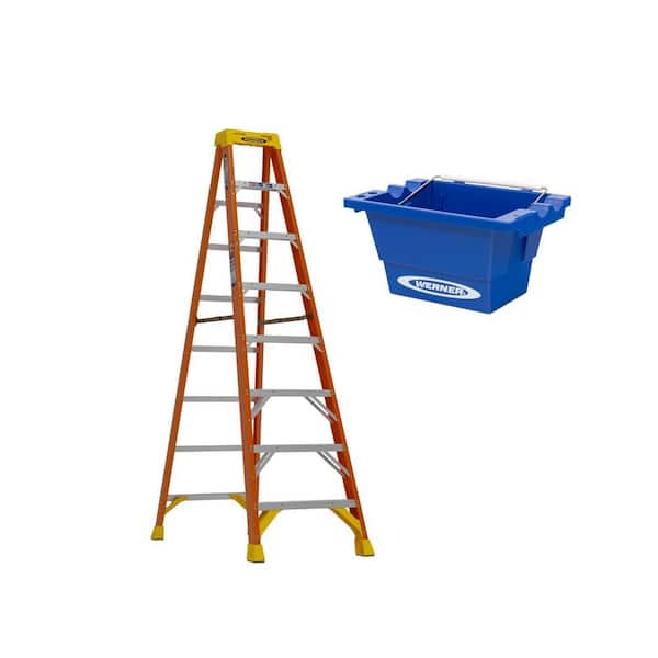 Werner 8 ft. Fiberglass Step Ladder with 300 lbs. Load Capacity Type IA Duty Rating and Lock-in Job Bucket Accessory
