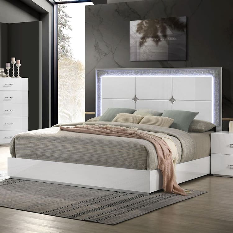 Furniture of America Nomite White Wood Frame Queen Panel Bed with LED on Headboard and Silver Rhinestone Trim
