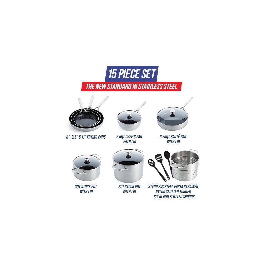 15-Piece Tri-Ply Stainless Steel Nonstick Cookware Set