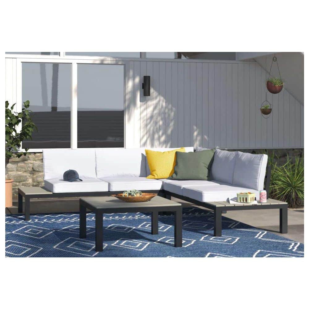 Light Gray Aluminum 5-Person Outdoor Sectional Set with Poly-Lumber Table