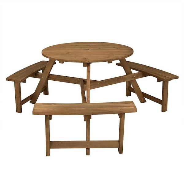 Costway 6-person Round Wooden Picnic Table Outdoor Table with Umbrella Hole and Benches