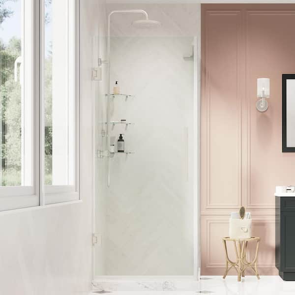 OVE Decors Tampa-Pro 23 7/8 in. W x 72 in. H Rectangular Pivot Frameless Corner Shower Enclosure in Satin Nickel with Shelves