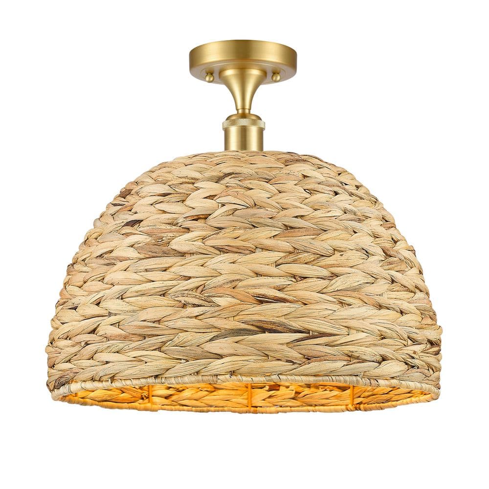 Woven Rattan 15.75 in. 1-Light Satin Gold Farmhouse Semi-Flush Mount with Shade price history on PriceWatchPro