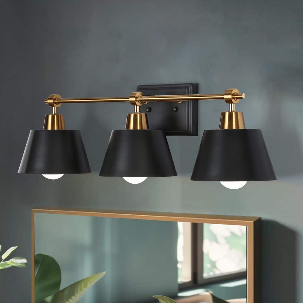 Modern 24.6 in. 3-Light Black Vanity Light with Bell Black Metal Shades Brass Wall Light for Bathroom and Powder Room price history on PriceWatchPro