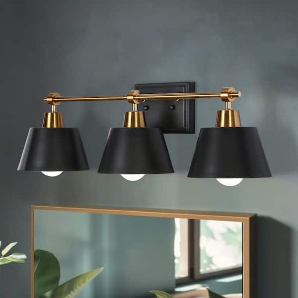LNC Modern 24.6 in. 3-Light Black Vanity Light with Bell Black Metal Shades Brass Wall Light for Bathroom and Powder Room