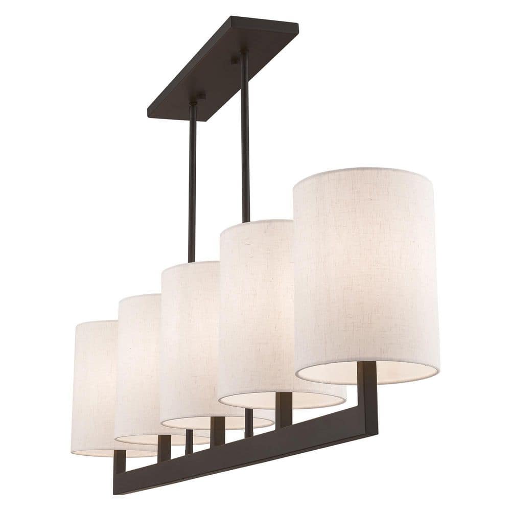 Elegant Bronze Drum 5-Light Linear Chandelier with Oatmeal Shade