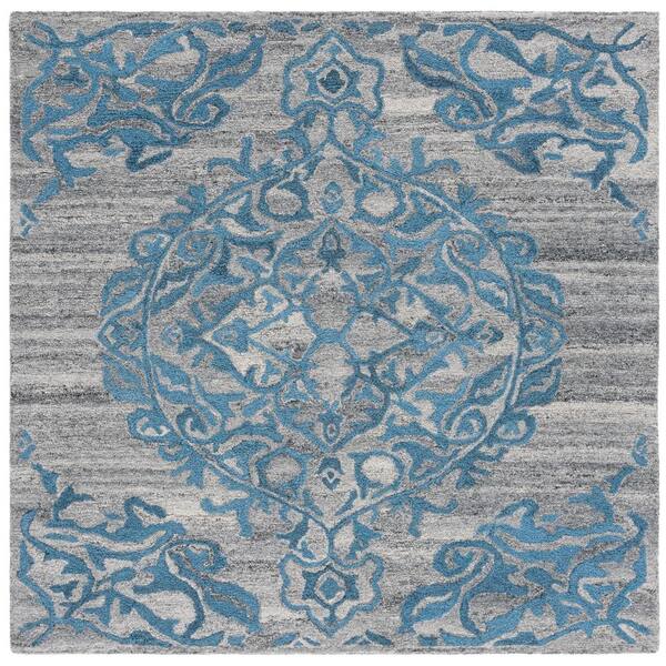SAFAVIEH Abstract Gray/Blue 6 ft. x 6 ft. Oversized Border Floral Square Area Rug