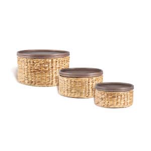 Gouda Southwestern Hand-Woven Hyacinth Circular Nesting Baskets with Wood Lids, Natural (Set of 3)