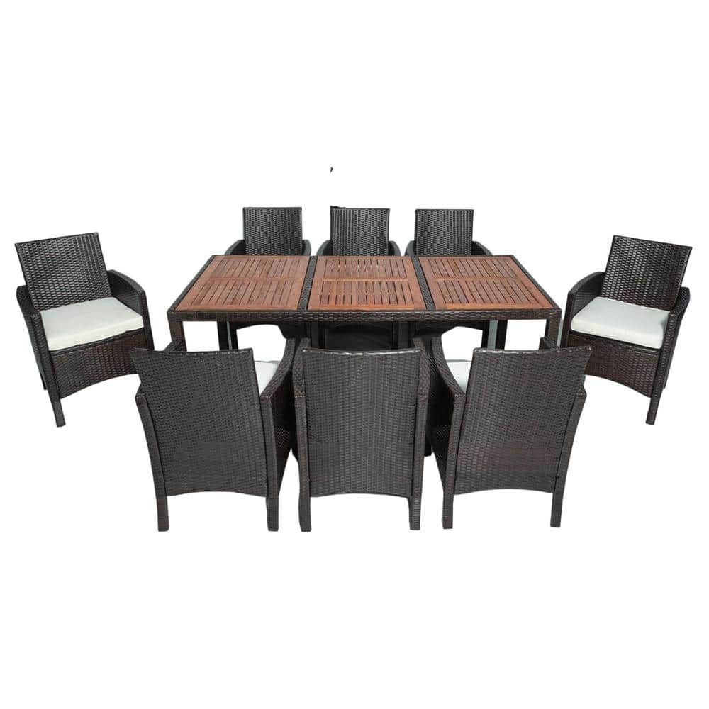 9 Piece Wicker Outdoor Bistro Dining Table Set with Acacia Top Brown Wicker