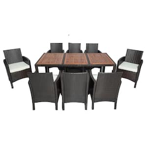 9 Piece Wicker Outdoor Bistro Dining Table Set with Acacia Top Brown Wicker plus Cream Cushions