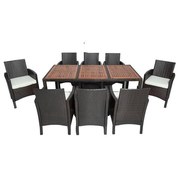Unbranded 9 Piece Wicker Outdoor Bistro Dining Table Set with Acacia Top Brown Wicker plus Cream Cushions