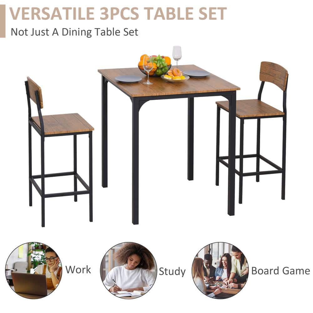 Rustic Brown MDF and Steel Pub Table Set with 2 Chairs
