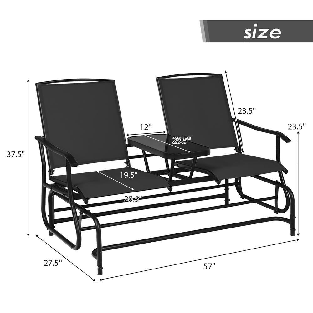 Black Steel Double Glider Loveseat with Tempered Glass Table