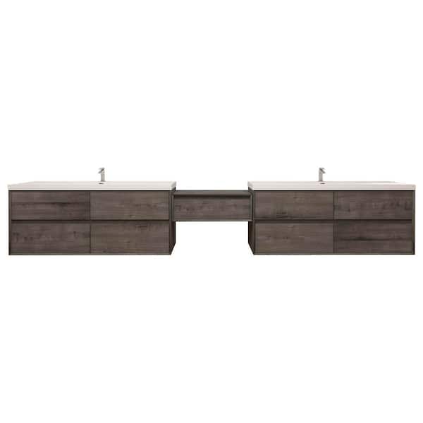 Kingdee 147 in. W x 20 in. D x 26 in. H Double Sink Middle Table Counter Bath Vanity in Smoke Oak with White Acrylic Top