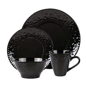 16-Piece Stoneware Scroll Dinnerware Set-Black