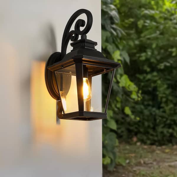 21 in. 1-Light Black Outdoor Weather Resistant Aluminum Wall Light Lantern Sconce with Clear Glass, No Bulb Included