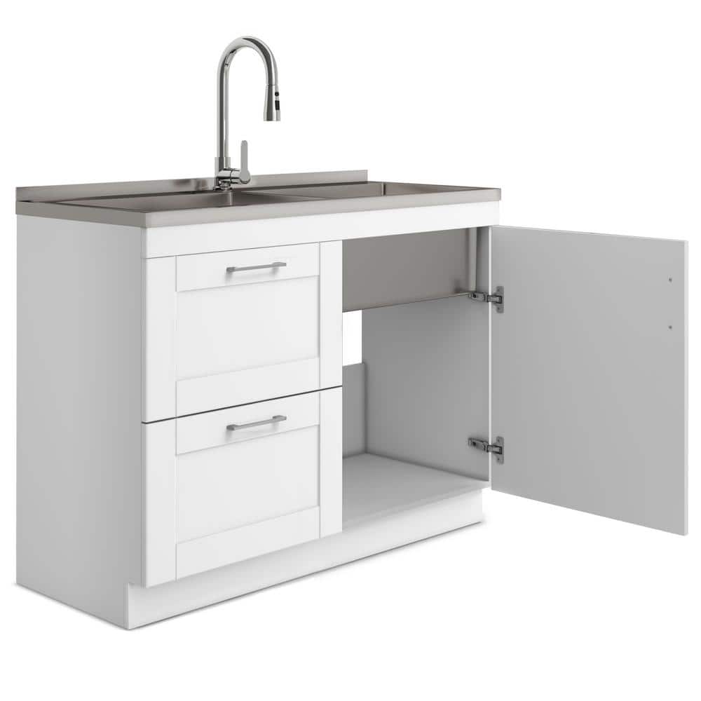 White 46 Inch Shaker Laundry Cabinet with Stainless Steel Sink