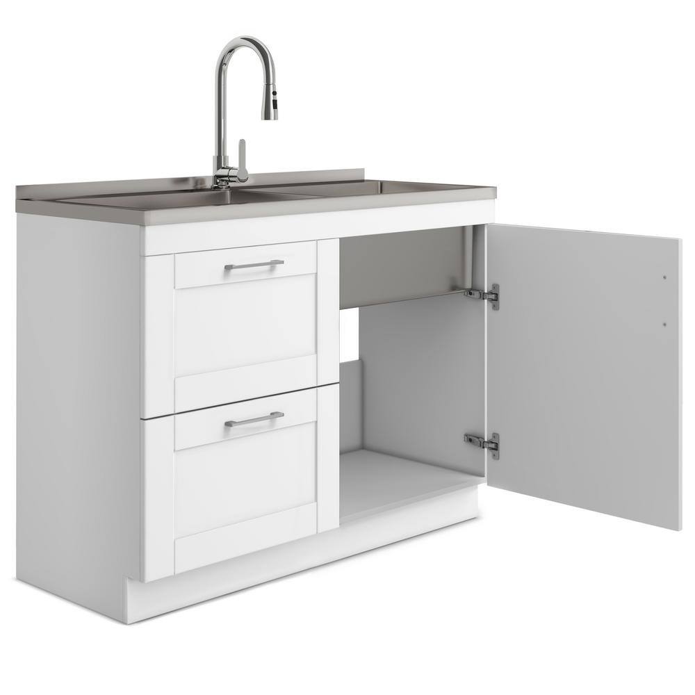 White 46 Inch Shaker Laundry Cabinet with Stainless Steel Sink