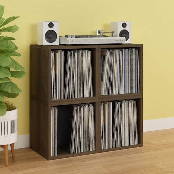 Way Basics 2 Tier Vinyl Storage Box Cube, LP Record Album Turntable Stand,  Grey 